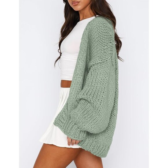 Womens Trendy Cardigan Sweaters Sage Green Long Sleeve Chunky Knit Outfits - Picture 4 of 8